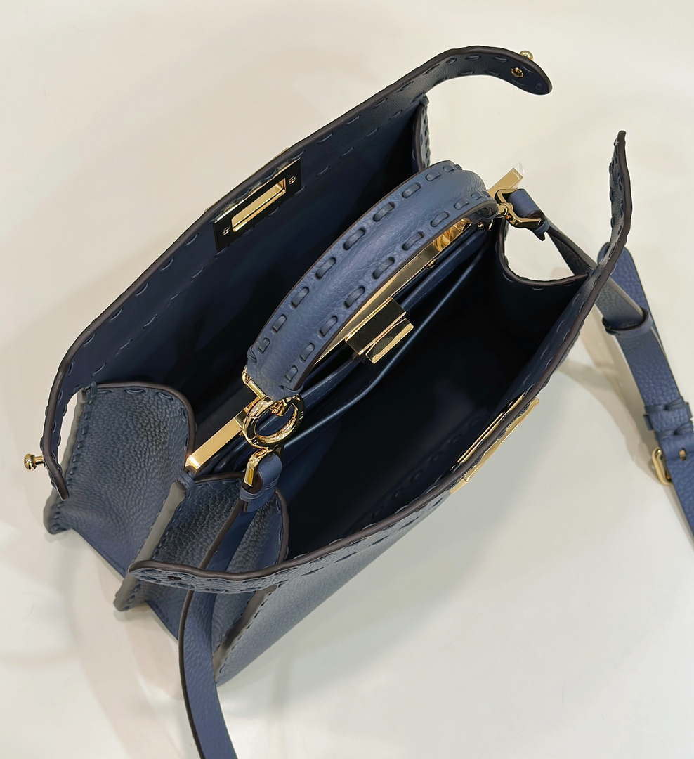 Fendi 8BN327 Peekaboo ISeeU Small Blue Selleria bag with 556 hand-sewn topstitches 80133Am
