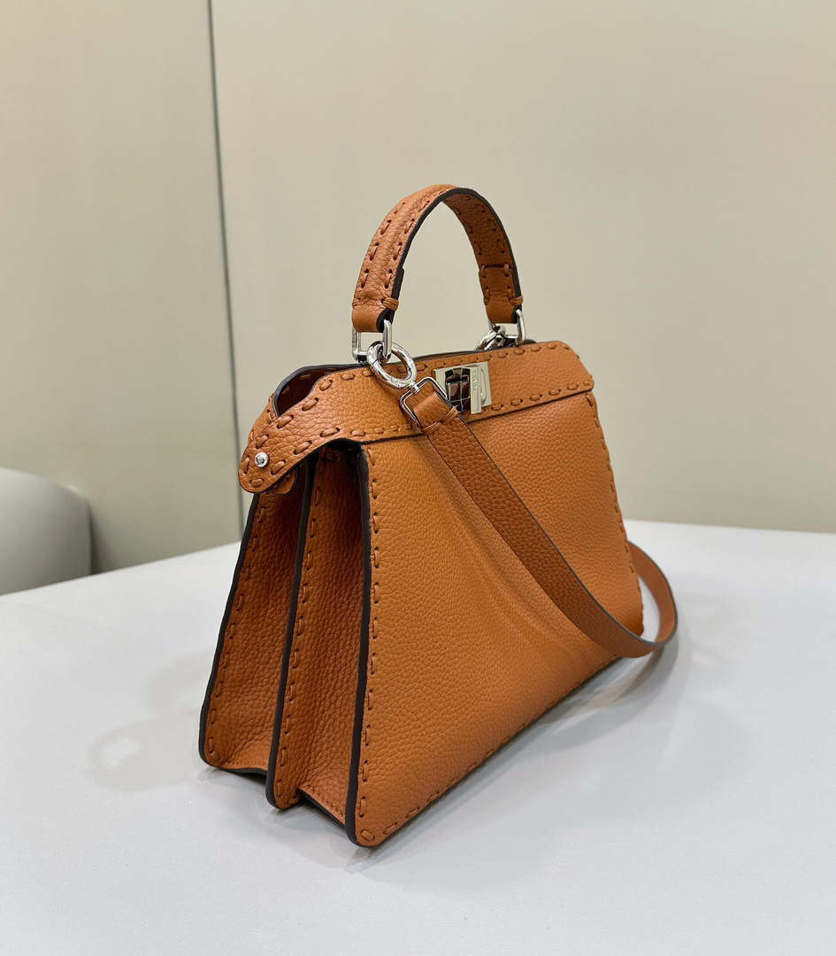 Fendi 8BN327 Peekaboo ISeeU Small Brown Selleria bag with 556 hand-sewn topstitches 80133Am