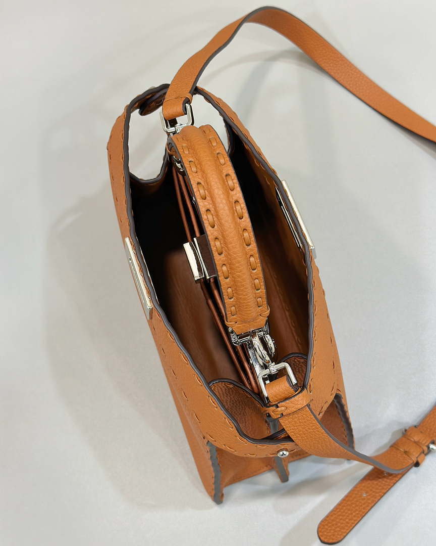 Fendi 8BN327 Peekaboo ISeeU Small Brown Selleria bag with 556 hand-sewn topstitches 80133Am