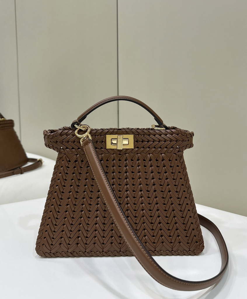 Fendi 8BN327 Peekaboo ISeeU Small Caramel  interlace leather bag 80138M