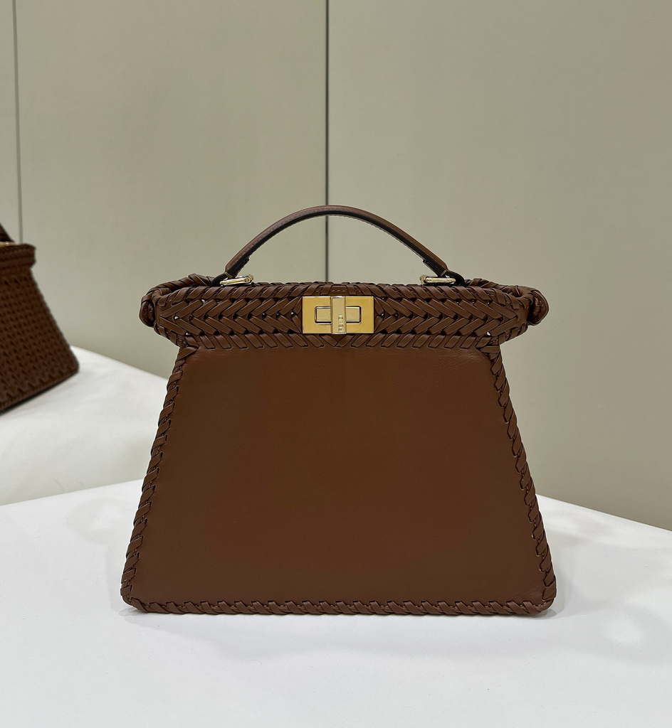Fendi 8BN327 Peekaboo ISeeU Small Caramel  interlace leather bag 80138M