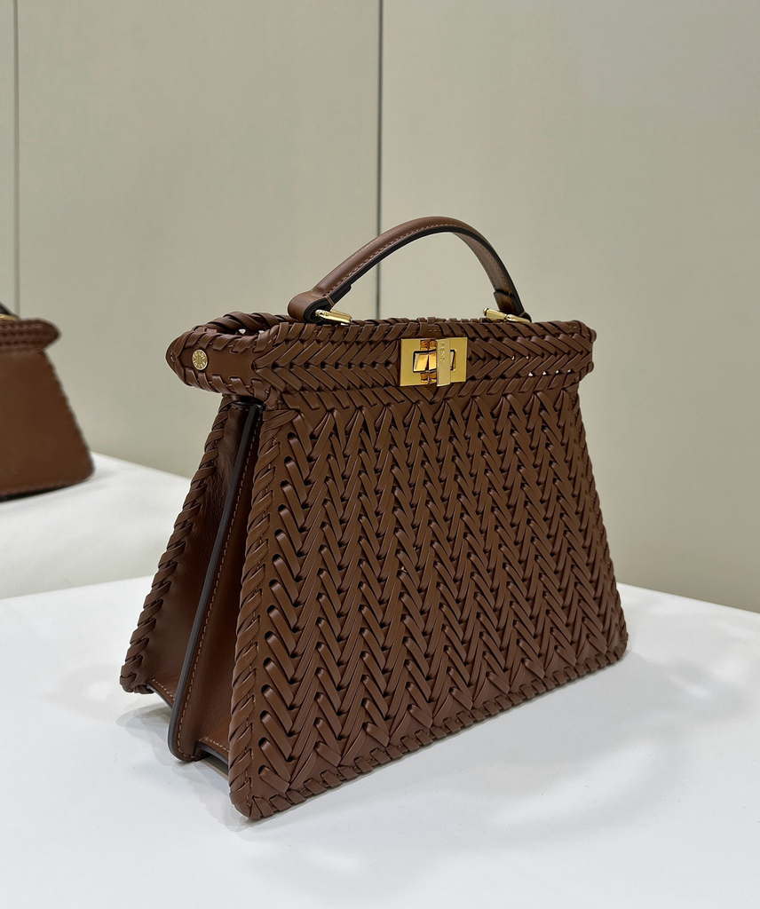 Fendi 8BN327 Peekaboo ISeeU Small Caramel  interlace leather bag 80138M