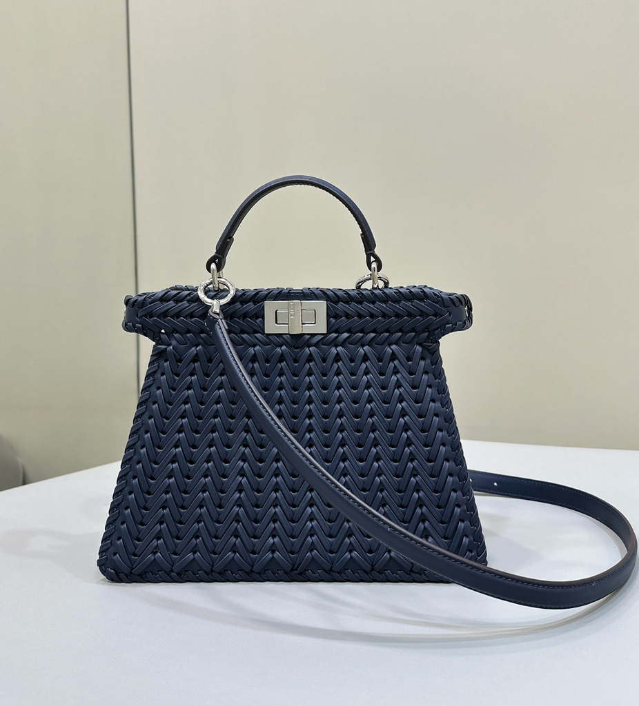 Fendi 8BN327 Peekaboo ISeeU Small Dark Blue interlace leather bag 80138M