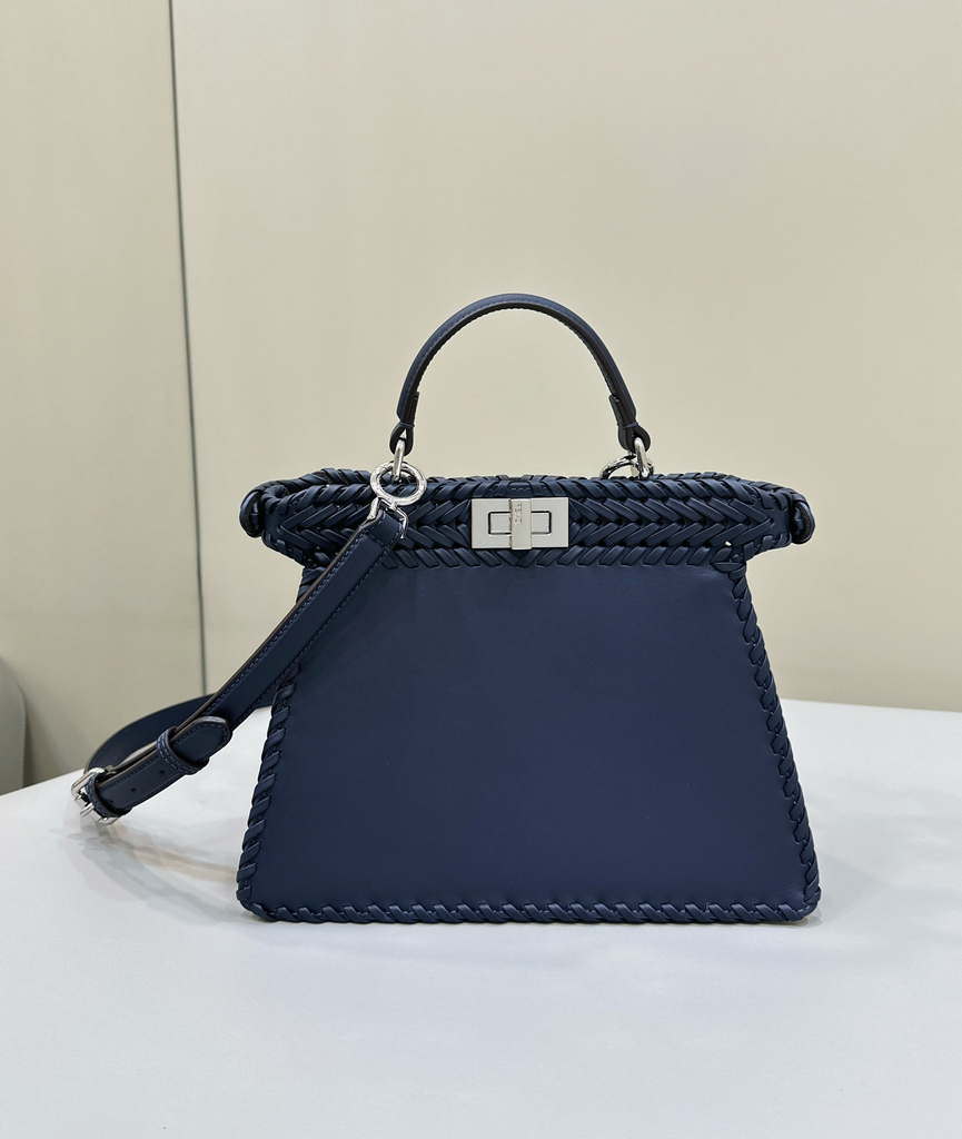 Fendi 8BN327 Peekaboo ISeeU Small Dark Blue interlace leather bag 80138M