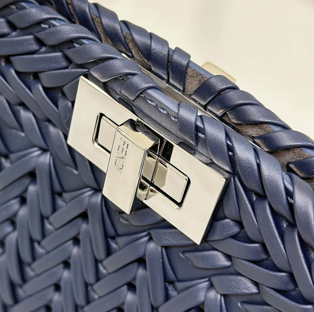 Fendi 8BN327 Peekaboo ISeeU Small Dark Blue interlace leather bag 80138M