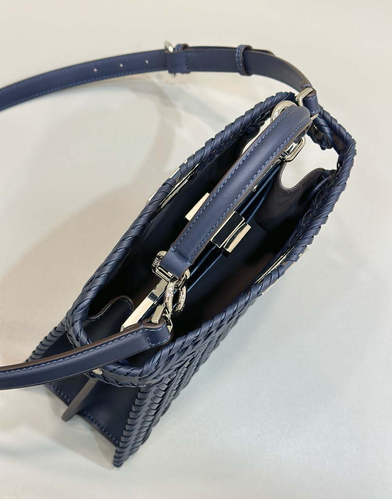 Fendi 8BN327 Peekaboo ISeeU Small Dark Blue interlace leather bag 80138M