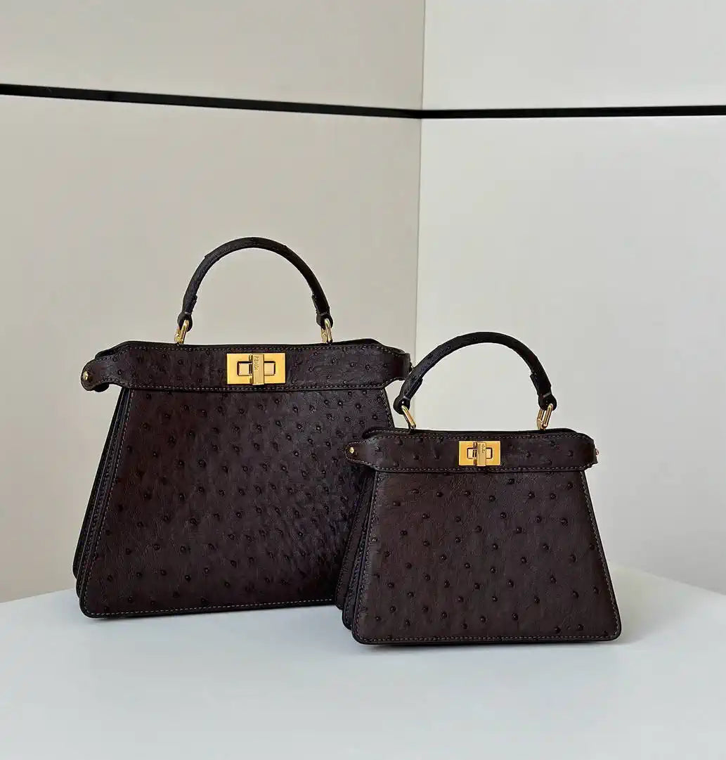 Fendi 8BN327 Peekaboo ISeeU Small Dark Brown Ostrich leather bag