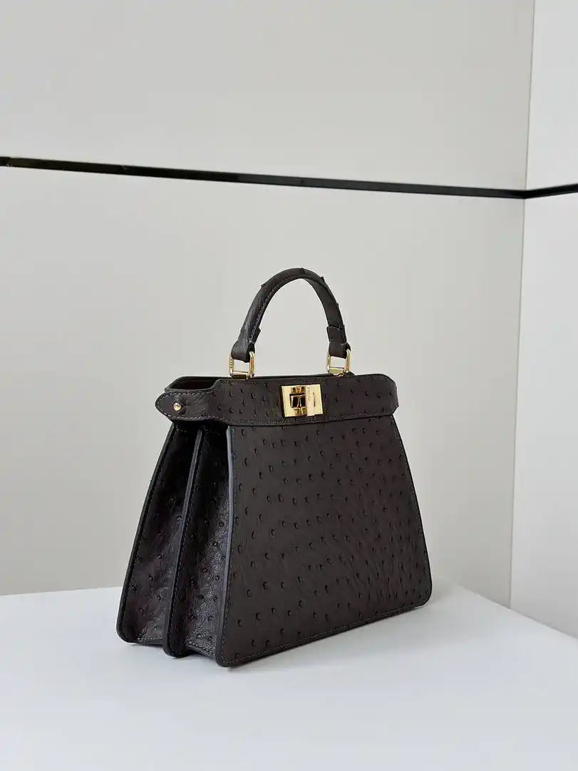 Fendi 8BN327 Peekaboo ISeeU Small Dark Brown Ostrich leather bag