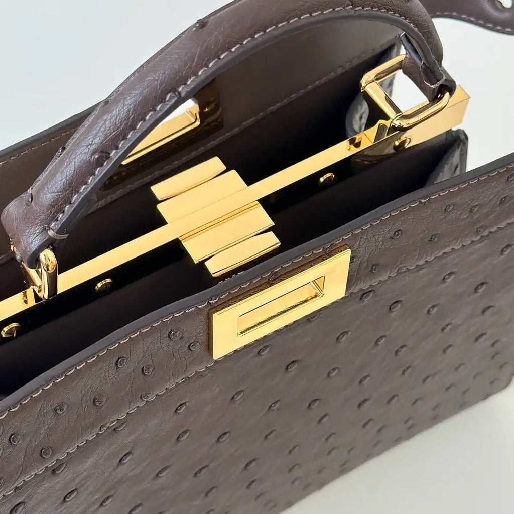 Fendi 8BN327 Peekaboo ISeeU Small Dark Brown Ostrich leather bag