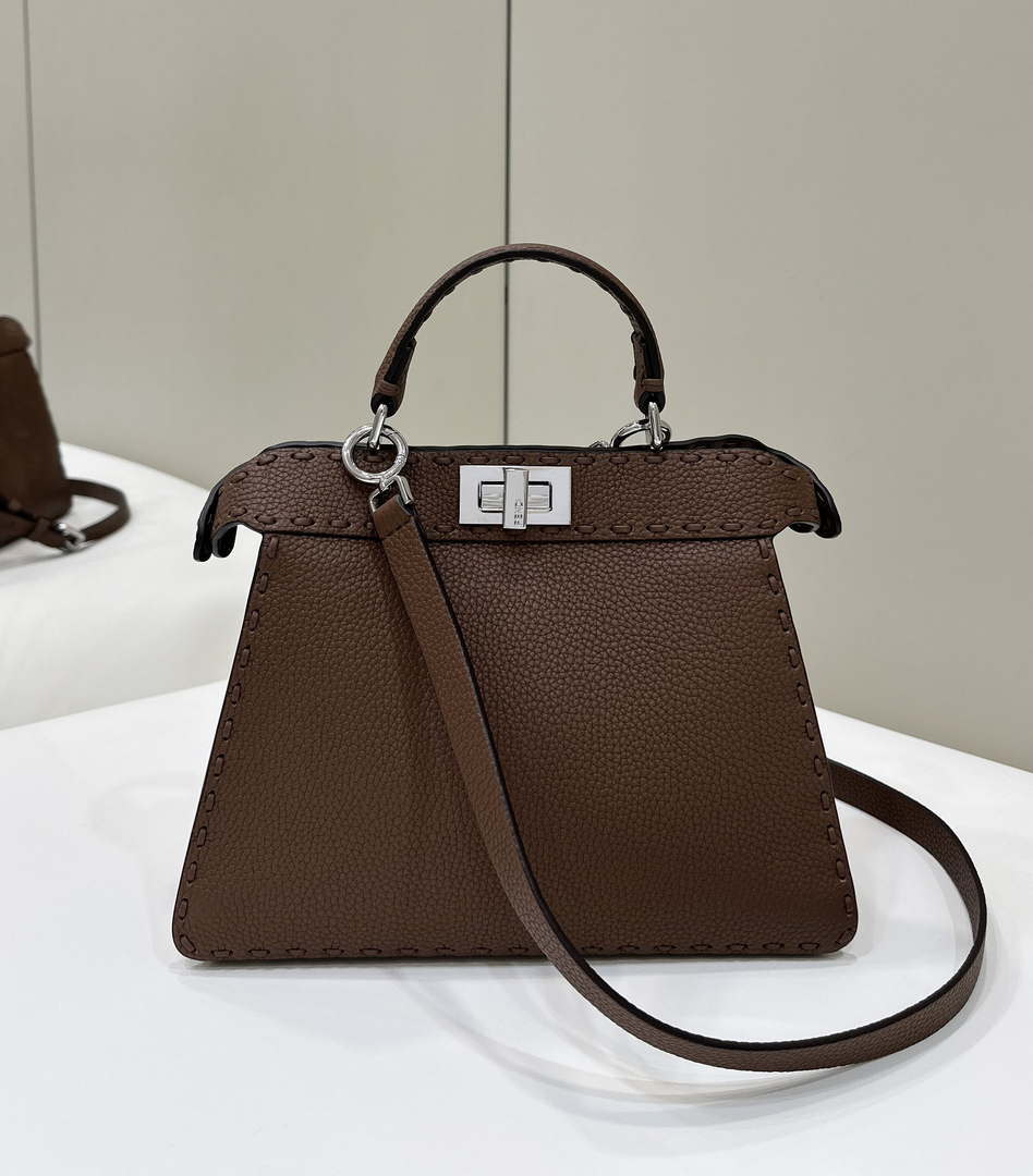 Fendi 8BN327 Peekaboo ISeeU Small Dark Brown Selleria bag with 556 hand-sewn topstitches 80133Am