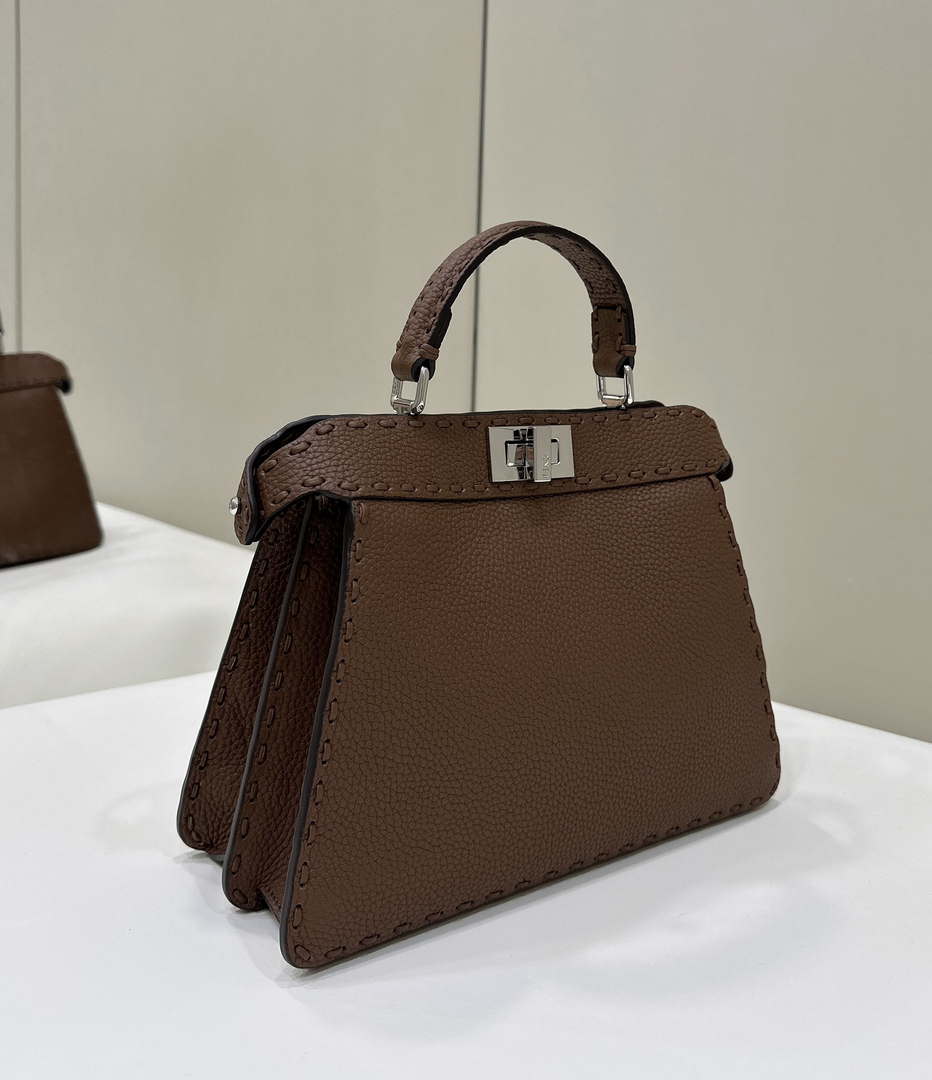 Fendi 8BN327 Peekaboo ISeeU Small Dark Brown Selleria bag with 556 hand-sewn topstitches 80133Am