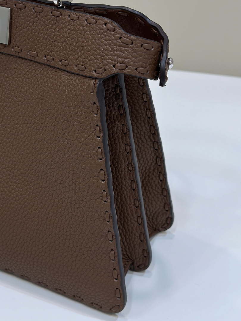 Fendi 8BN327 Peekaboo ISeeU Small Dark Brown Selleria bag with 556 hand-sewn topstitches 80133Am