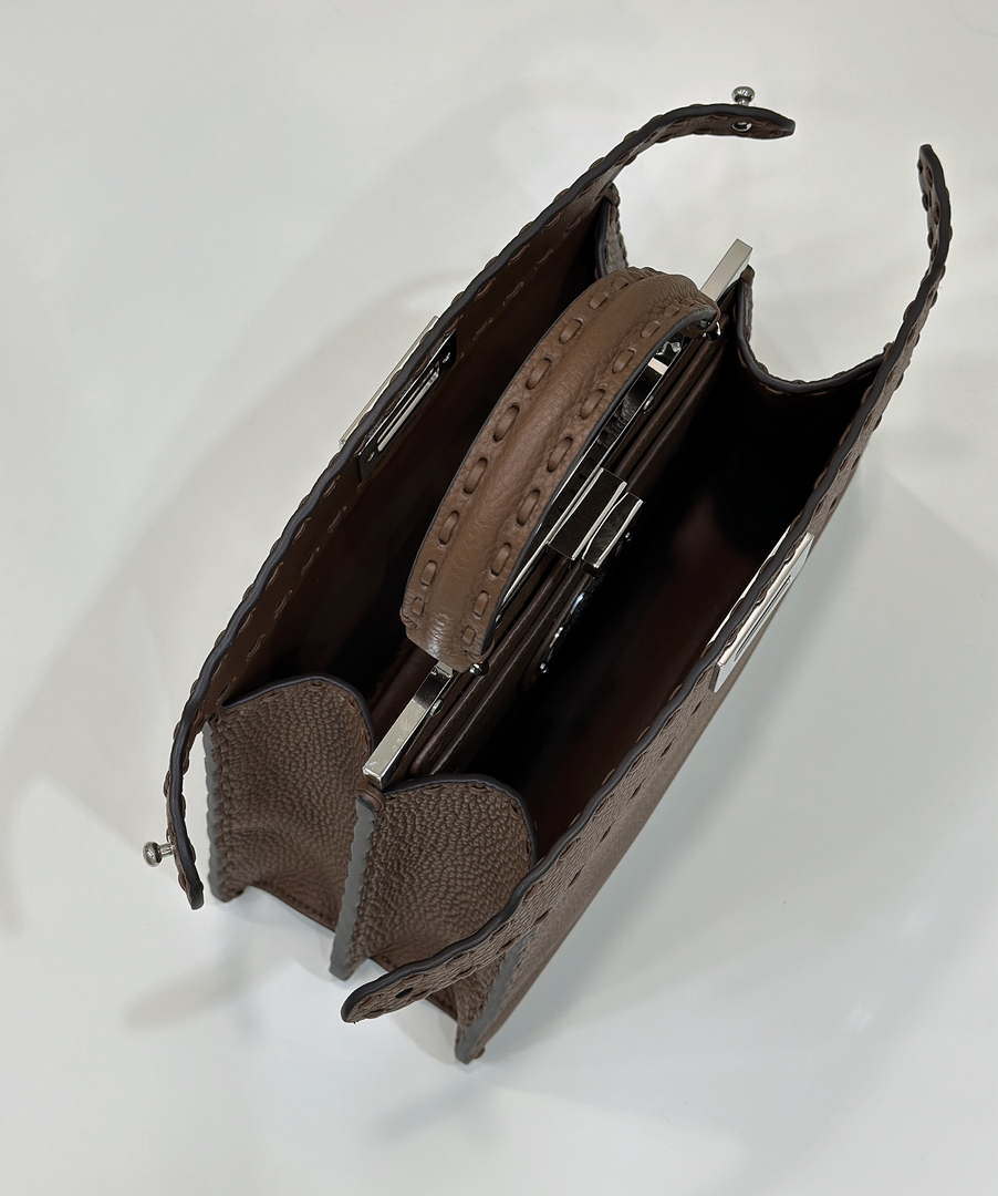 Fendi 8BN327 Peekaboo ISeeU Small Dark Brown Selleria bag with 556 hand-sewn topstitches 80133Am