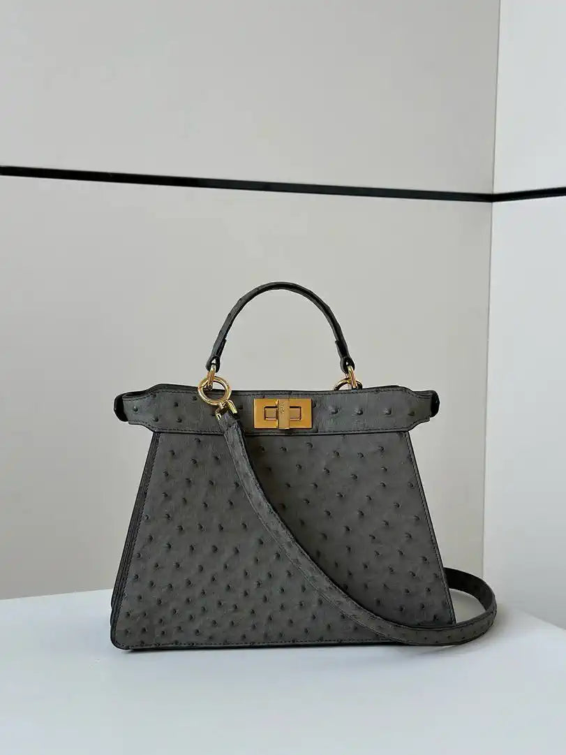Fendi 8BN327 Peekaboo ISeeU Small Gray Ostrich leather bag