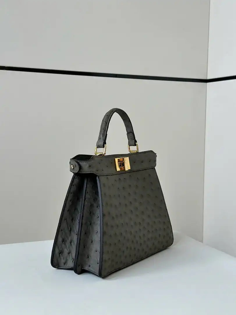 Fendi 8BN327 Peekaboo ISeeU Small Gray Ostrich leather bag