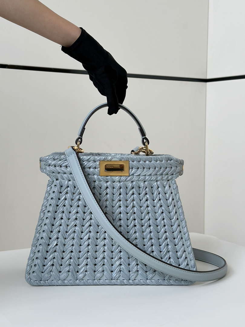 Fendi 8bn327arbcf1i2a Peekaboo ISeeU Small Light blue leather and interlaced fibre bag 80169M