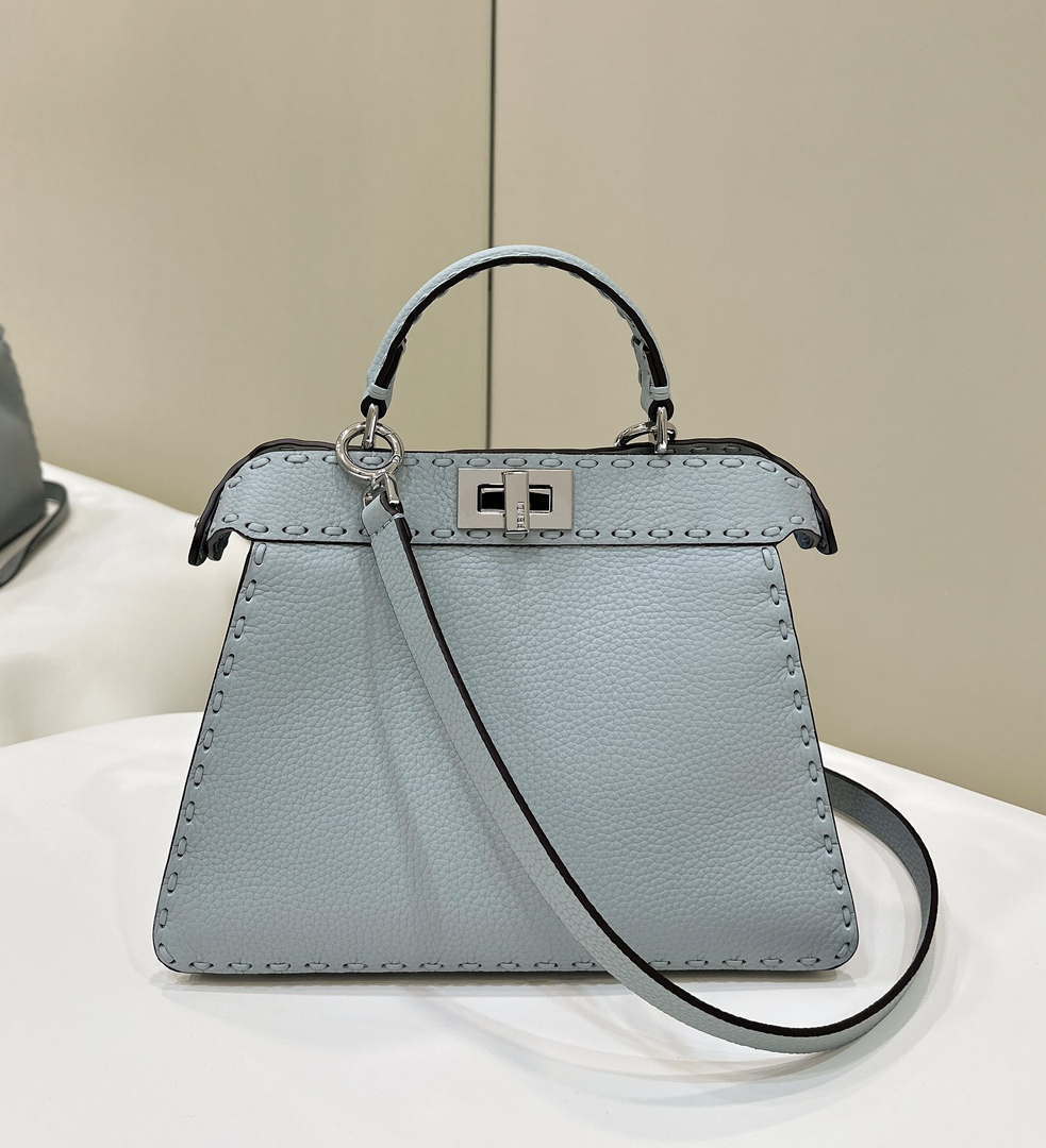 Fendi 8BN327 Peekaboo ISeeU Small Light Blue Selleria bag with 556 hand-sewn topstitches 80133Am