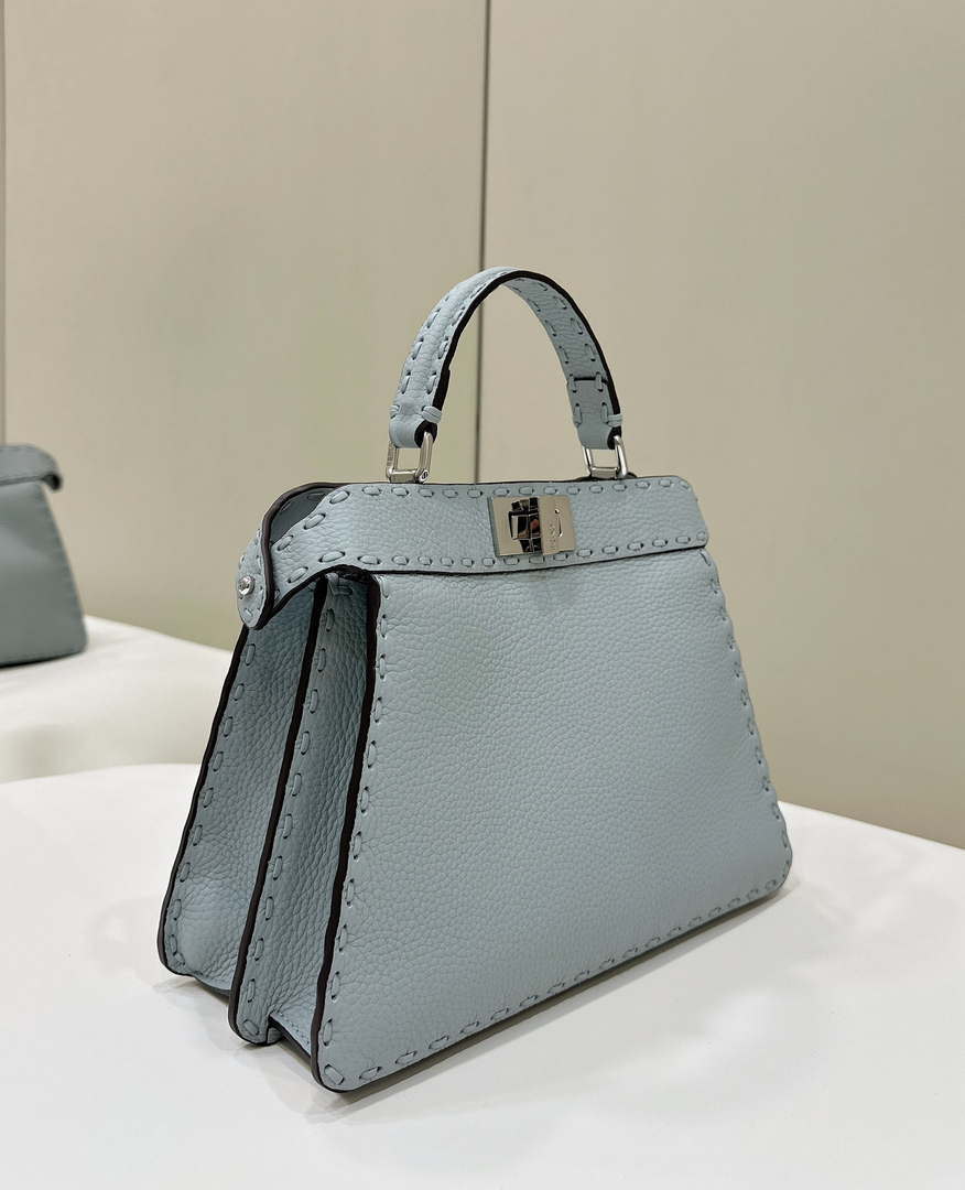 Fendi 8BN327 Peekaboo ISeeU Small Light Blue Selleria bag with 556 hand-sewn topstitches 80133Am