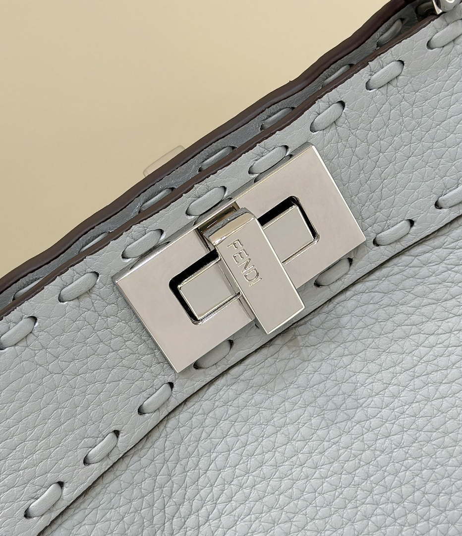 Fendi 8BN327 Peekaboo ISeeU Small Light Blue Selleria bag with 556 hand-sewn topstitches 80133Am