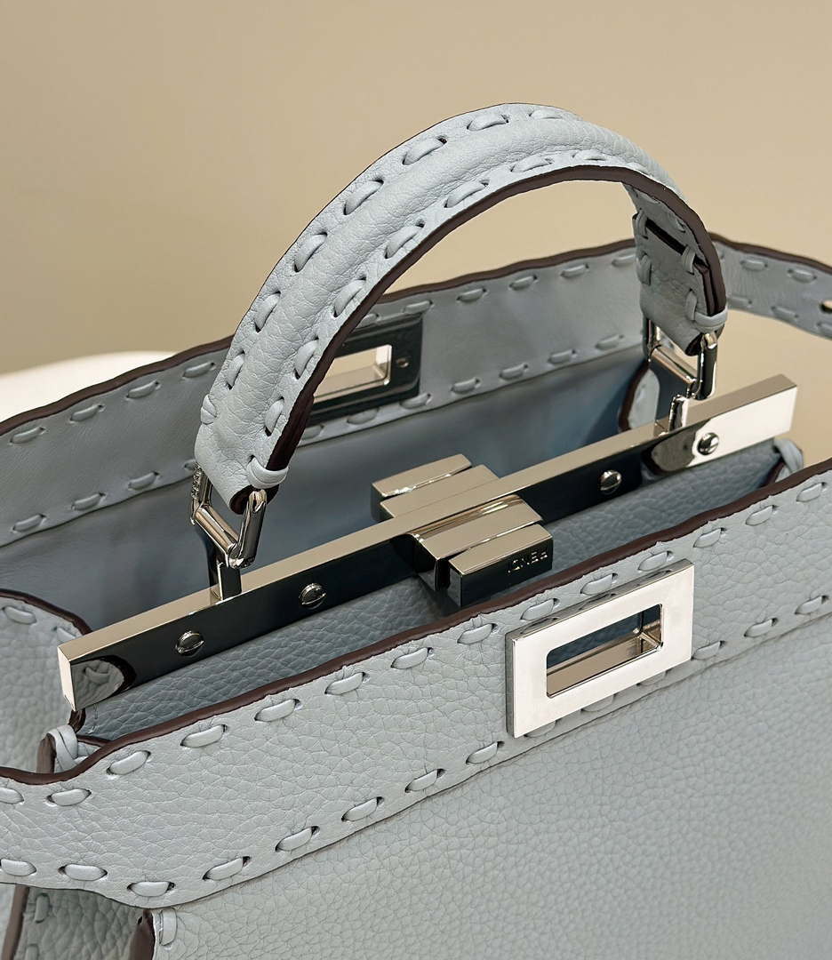 Fendi 8BN327 Peekaboo ISeeU Small Light Blue Selleria bag with 556 hand-sewn topstitches 80133Am