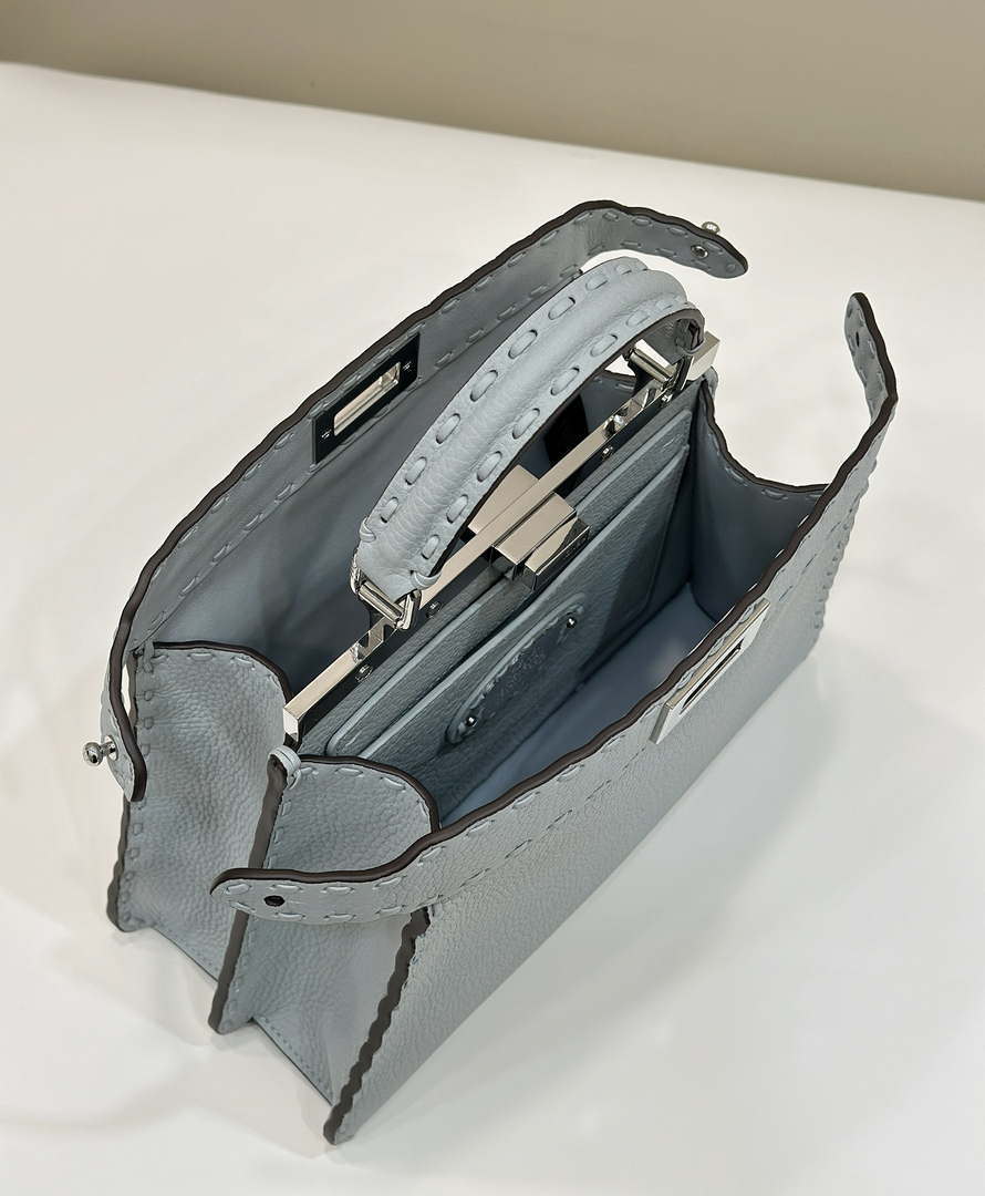Fendi 8BN327 Peekaboo ISeeU Small Light Blue Selleria bag with 556 hand-sewn topstitches 80133Am