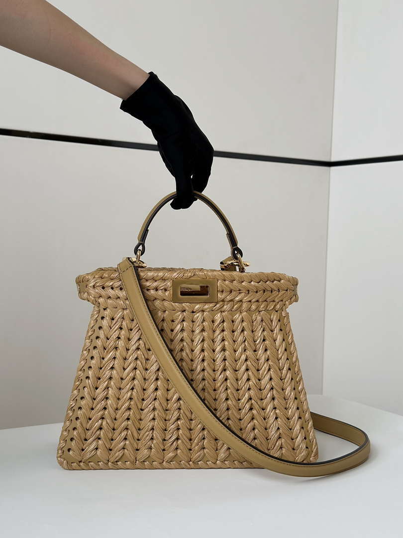 Fendi 8BN327 Peekaboo ISeeU Small Sand leather and interlaced fibre bag 80169M
