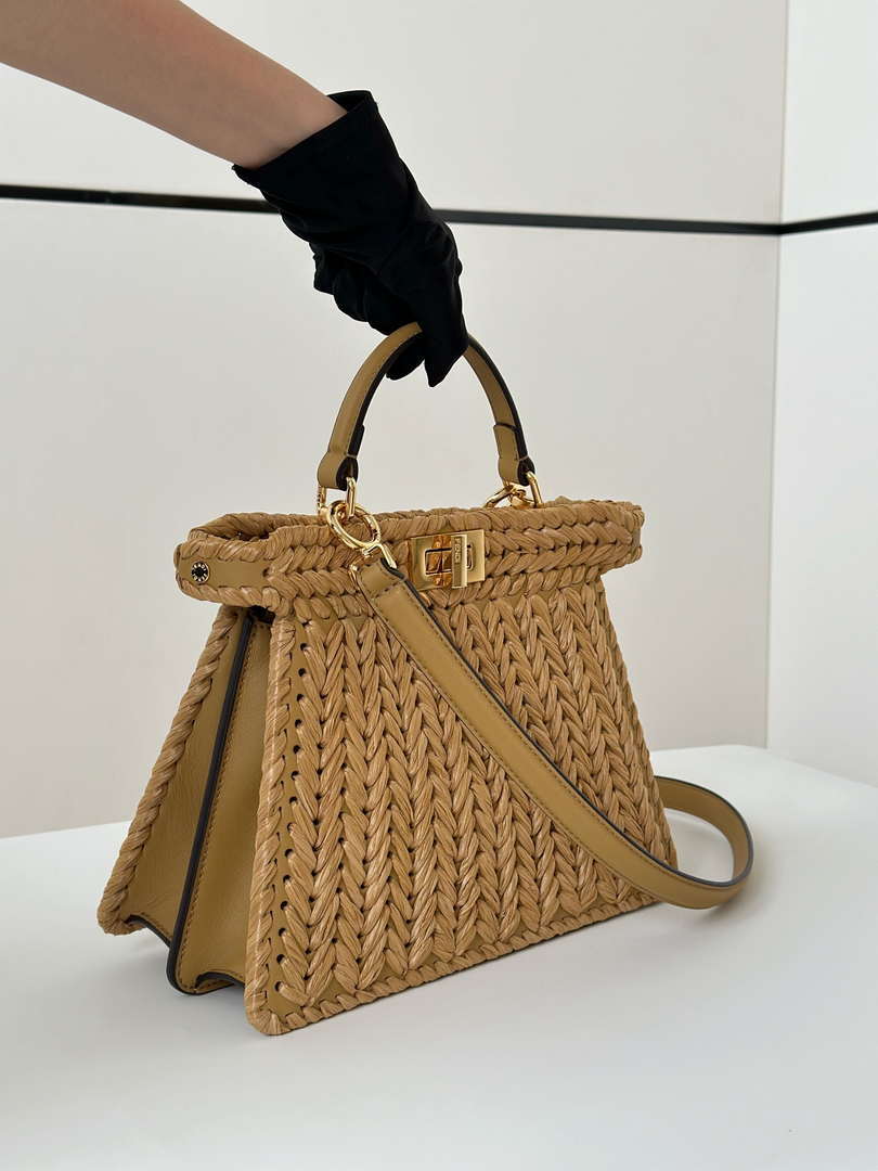 Fendi 8BN327 Peekaboo ISeeU Small Sand leather and interlaced fibre bag 80169M