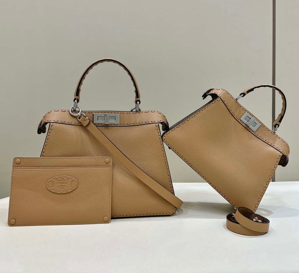 Fendi 8BN327 Peekaboo ISeeU Small Tan Selleria bag with 556 hand-sewn topstitches 80133Am