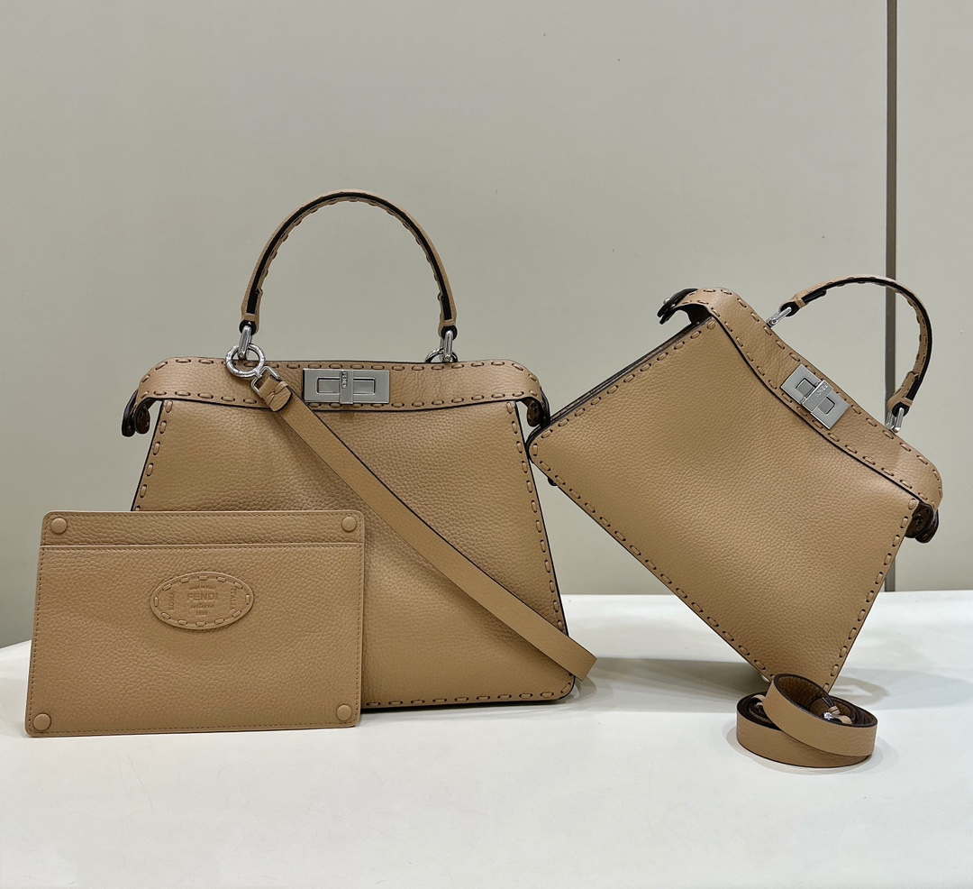 Fendi 8BN327 Peekaboo ISeeU Small Tan Selleria bag with 556 hand-sewn topstitches 80133Am