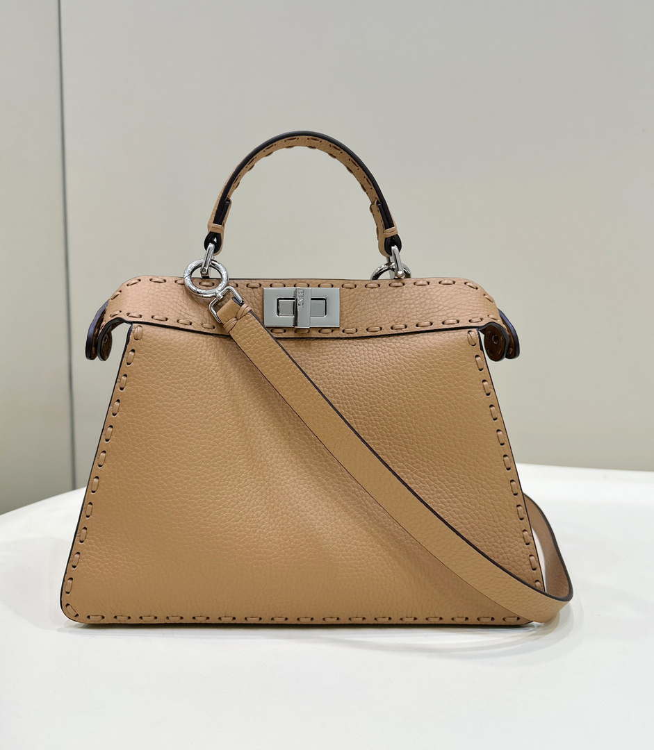 Fendi 8BN327 Peekaboo ISeeU Small Tan Selleria bag with 556 hand-sewn topstitches 80133Am