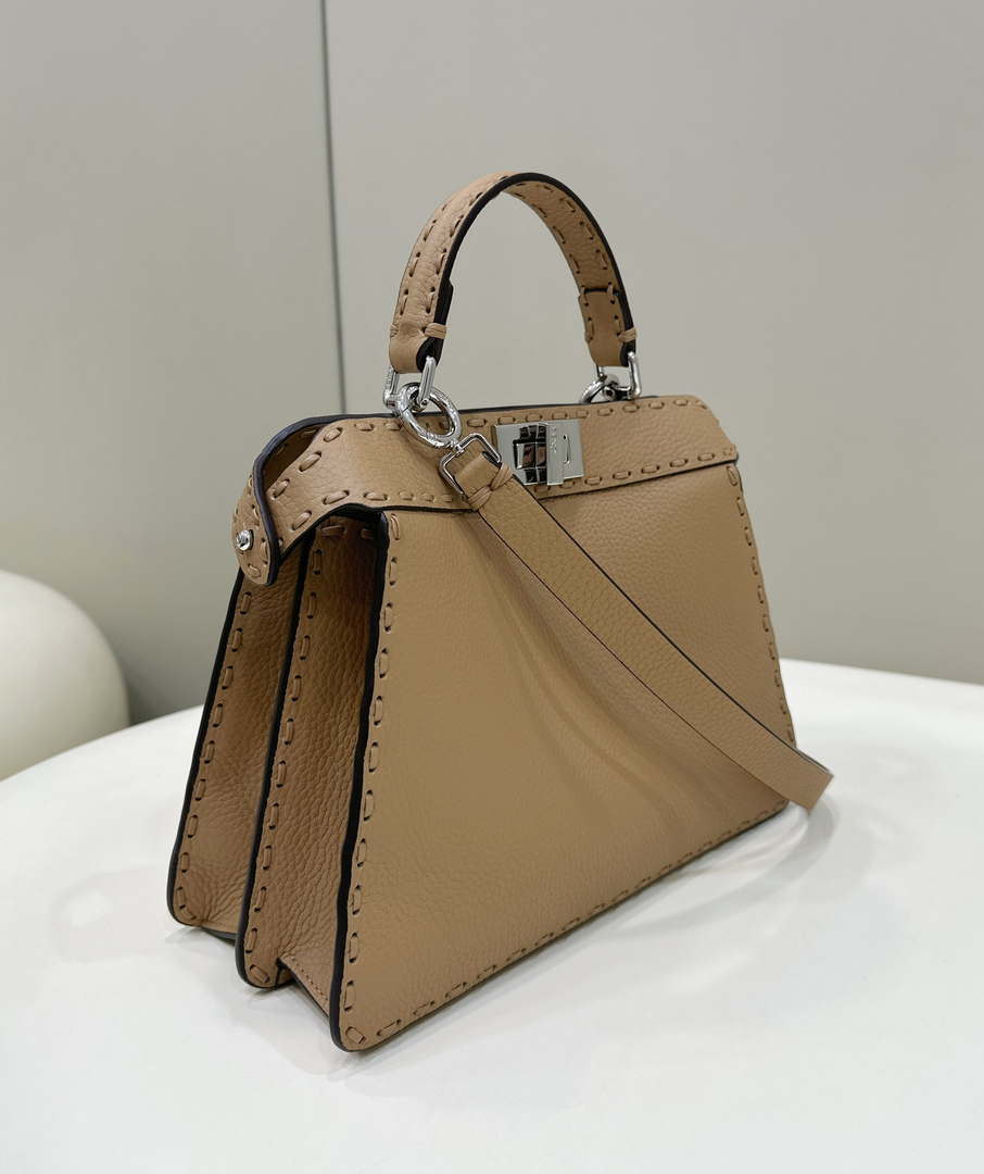 Fendi 8BN327 Peekaboo ISeeU Small Tan Selleria bag with 556 hand-sewn topstitches 80133Am