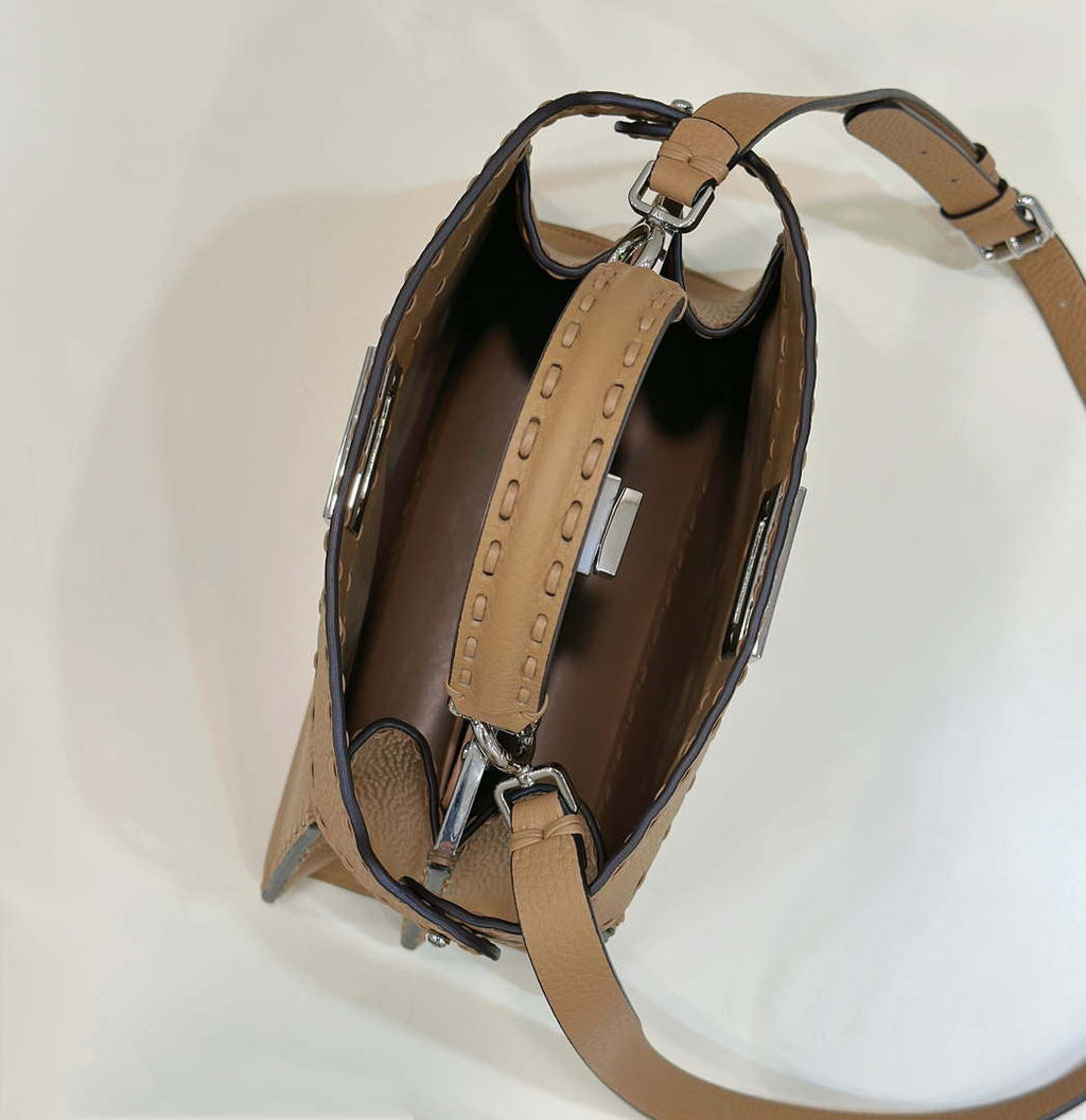 Fendi 8BN327 Peekaboo ISeeU Small Tan Selleria bag with 556 hand-sewn topstitches 80133Am