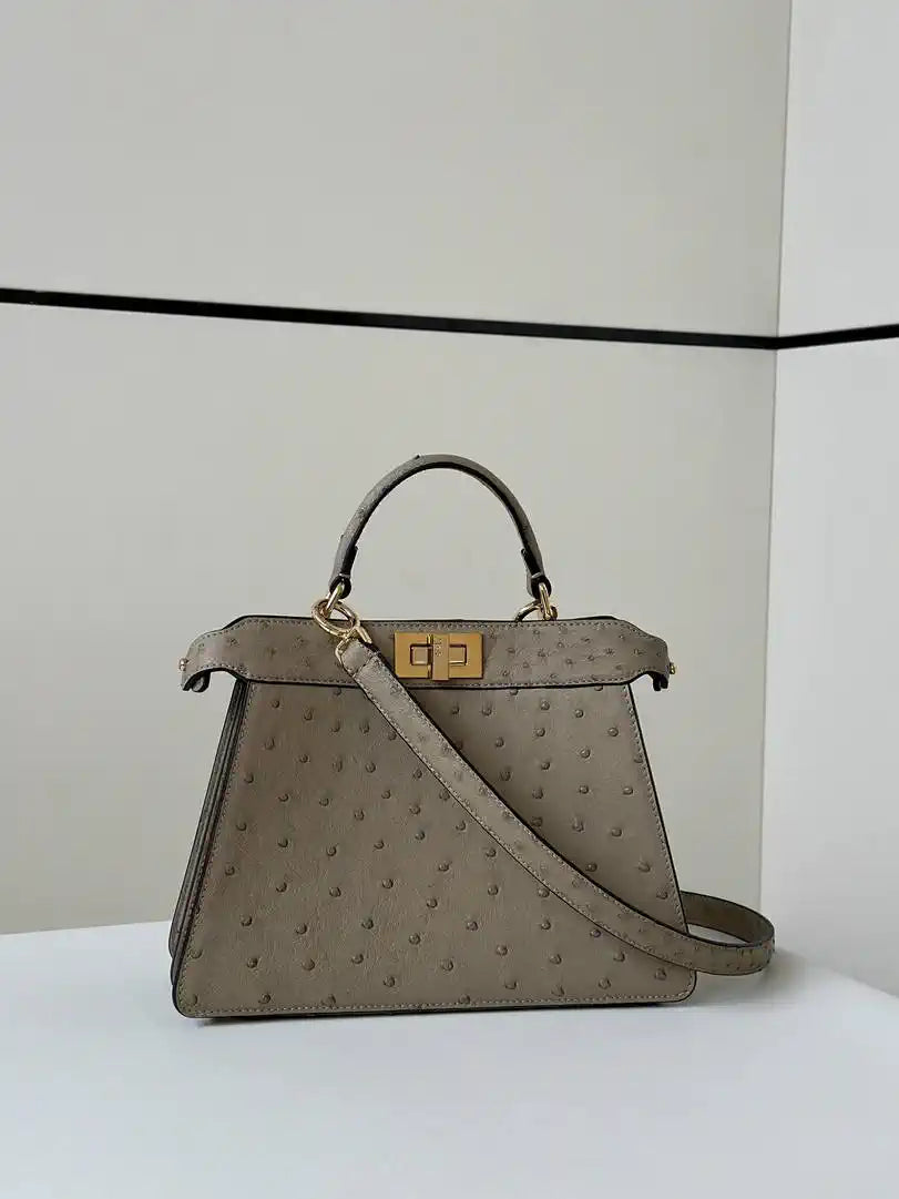 Fendi 8BN327 Peekaboo ISeeU Small Taupe Ostrich leather bag