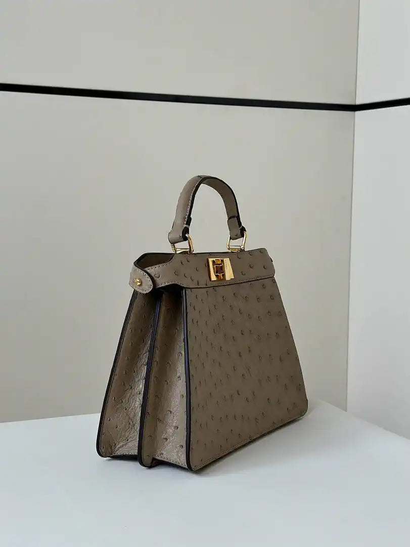 Fendi 8BN327 Peekaboo ISeeU Small Taupe Ostrich leather bag