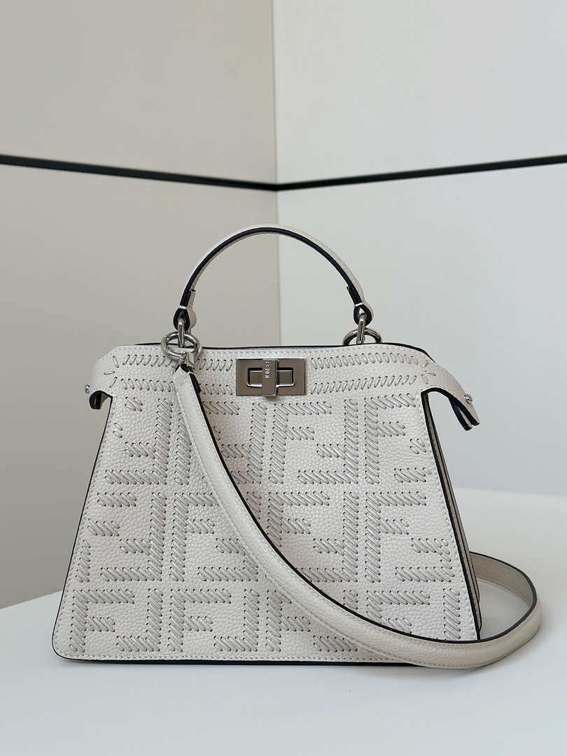 Fendi 8BN327 Peekaboo ISeeU Small White Hand-woven classic double F Logo