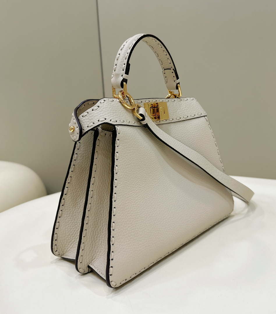 Fendi 8BN327 Peekaboo ISeeU Small White Selleria bag with 556 hand-sewn topstitches 80133Am