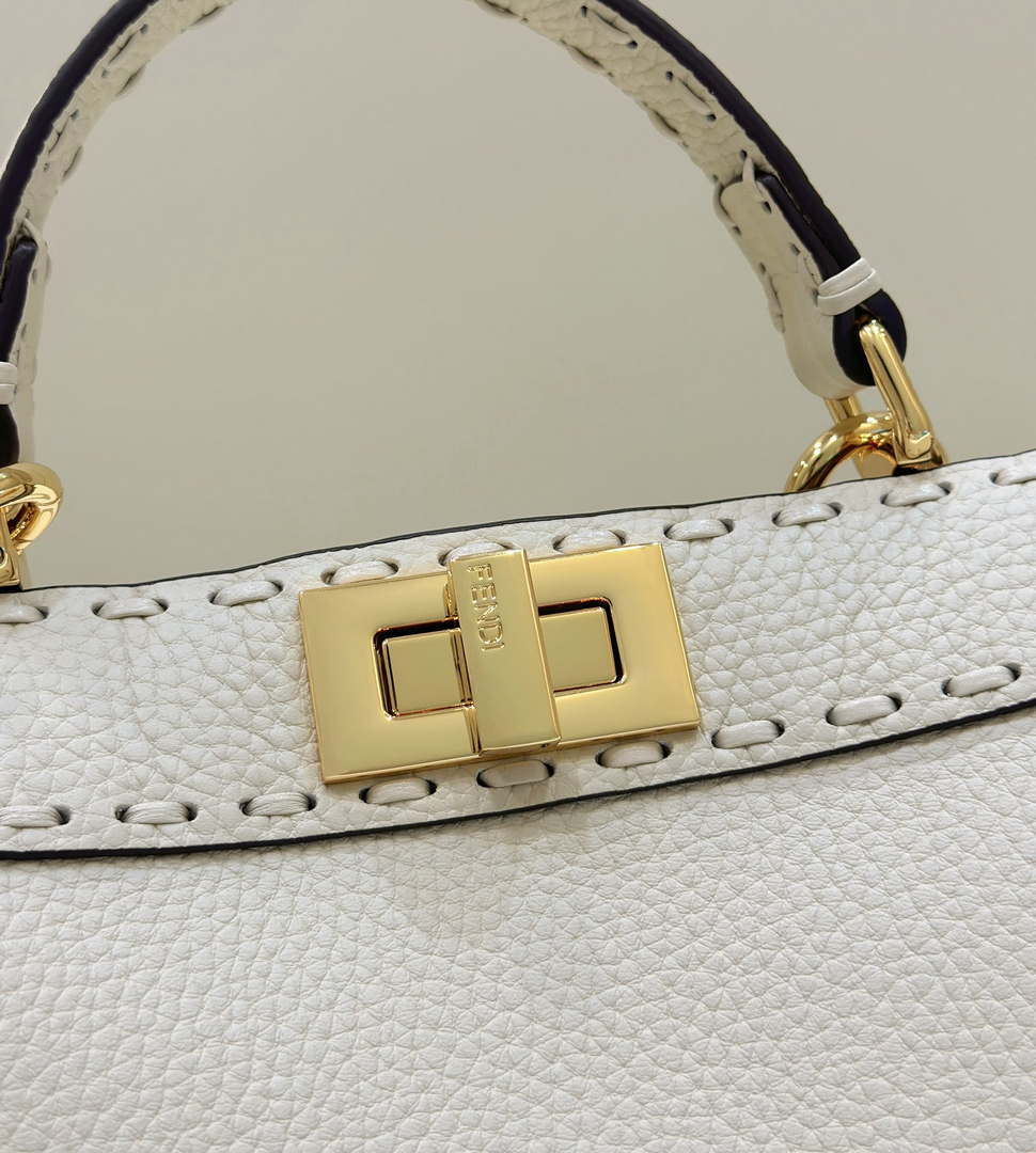 Fendi 8BN327 Peekaboo ISeeU Small White Selleria bag with 556 hand-sewn topstitches 80133Am