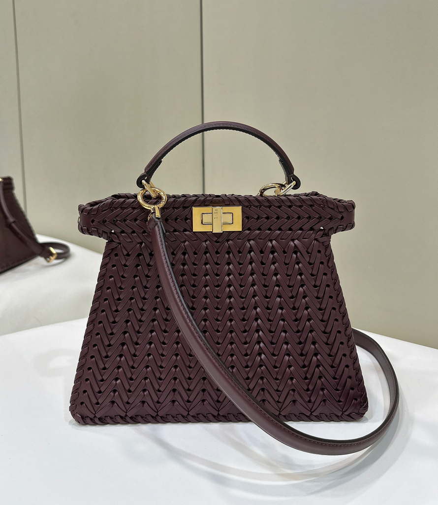 Fendi 8BN327 Peekaboo ISeeU Small Wine Red interlace leather bag 80138M