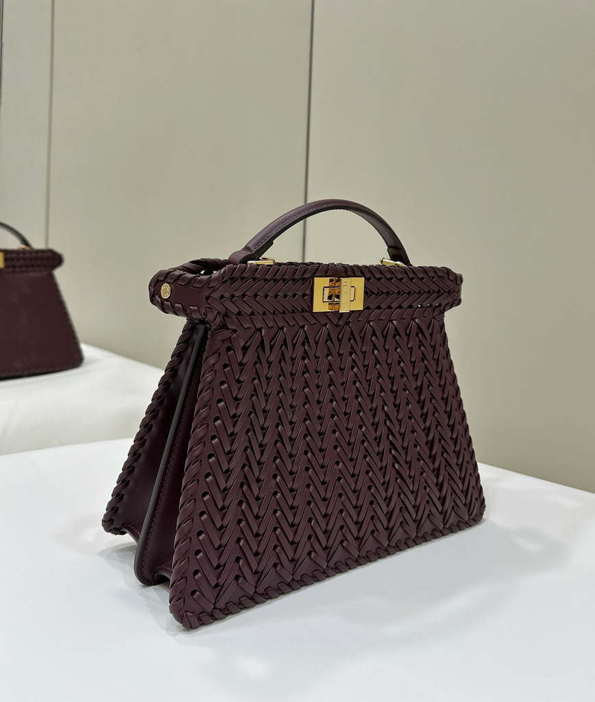 Fendi 8BN327 Peekaboo ISeeU Small Wine Red interlace leather bag 80138M