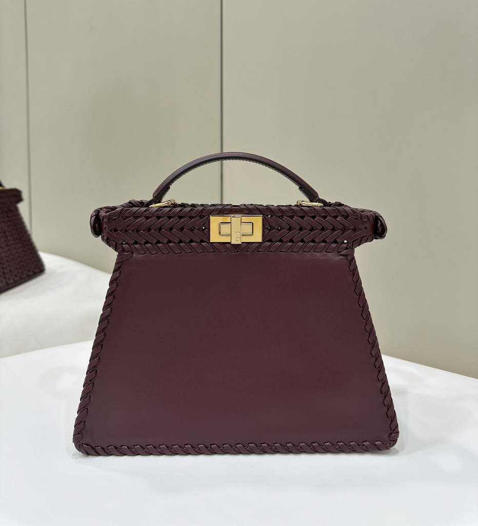Fendi 8BN327 Peekaboo ISeeU Small Wine Red interlace leather bag 80138M