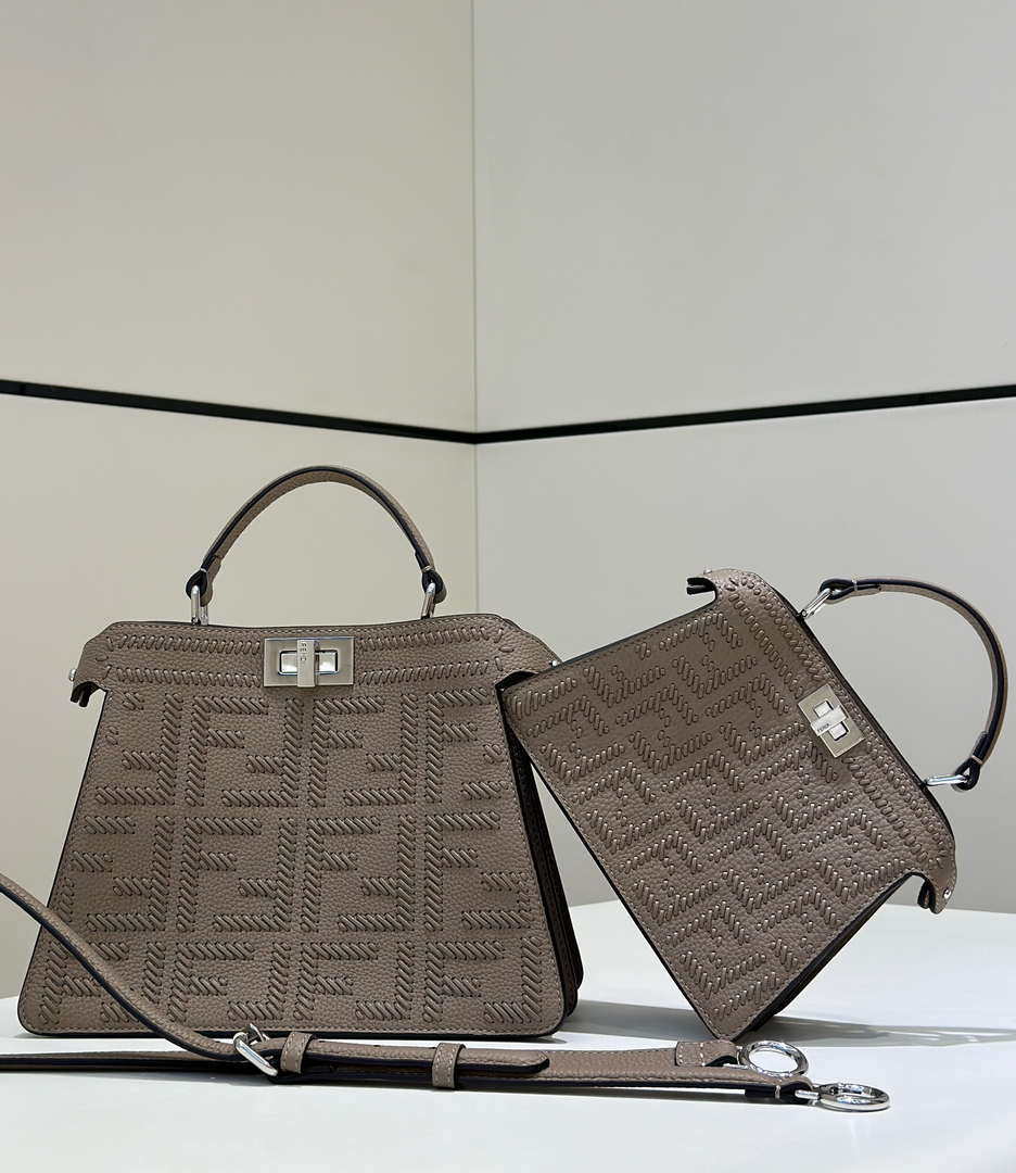 Fendi 8BN335 Mini Peekaboo ISeeU Gray Hand-woven classic double F Logo