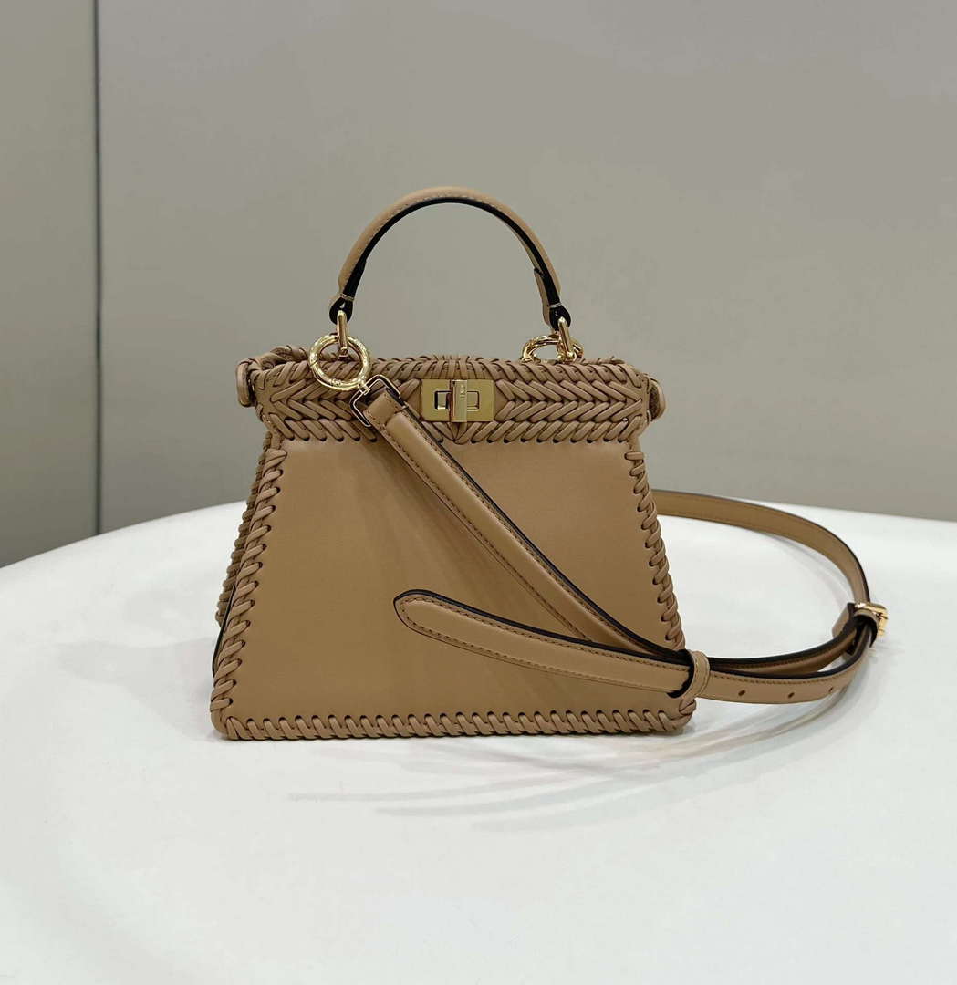 Fendi 8BN335 Peekaboo ISeeU Petite Apricot interlace leather bag 80138S