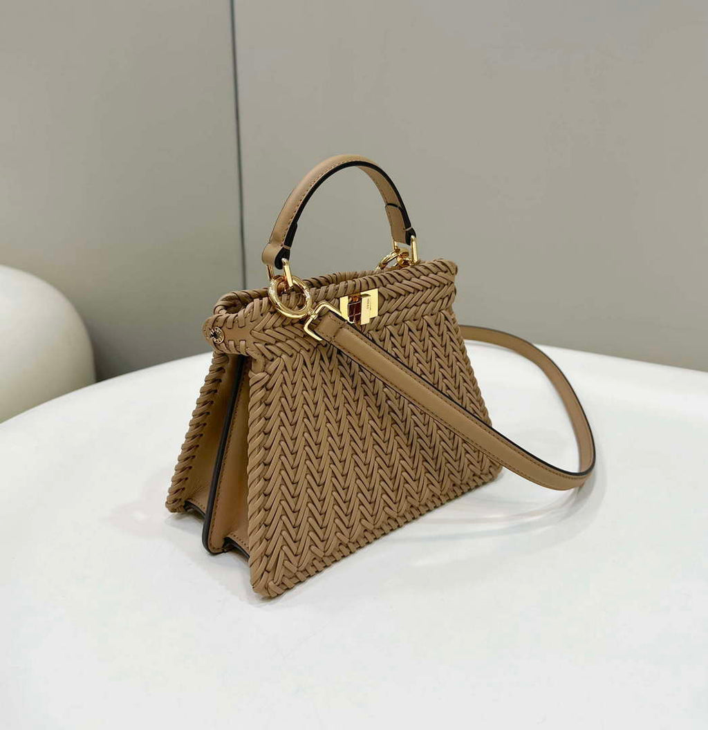 Fendi 8BN335 Peekaboo ISeeU Petite Apricot interlace leather bag 80138S