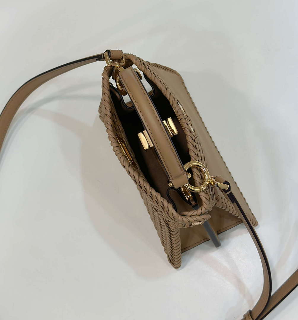 Fendi 8BN335 Peekaboo ISeeU Petite Apricot interlace leather bag 80138S