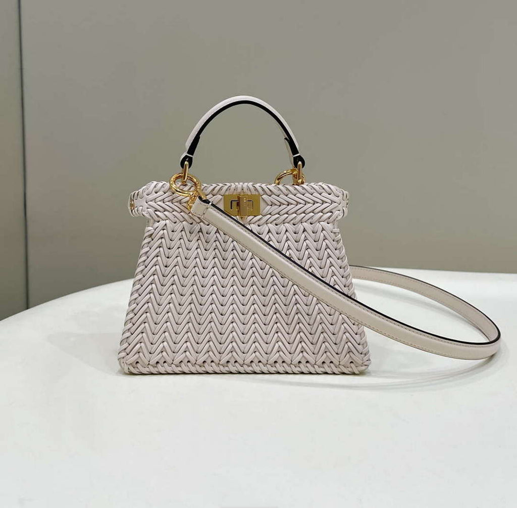 Fendi 8BN335 Peekaboo ISeeU Petite Beige interlace leather bag 80138S