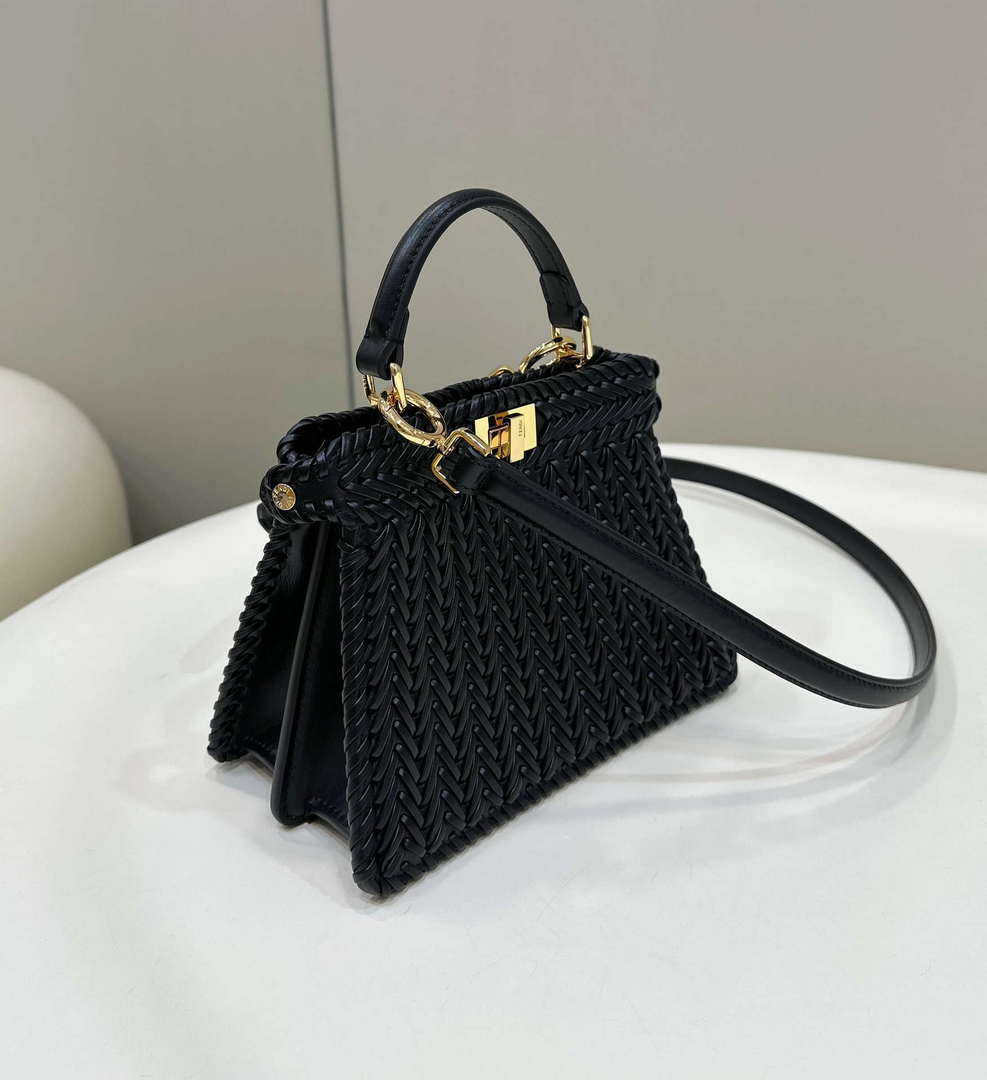 Fendi 8BN335 Peekaboo ISeeU Petite Black interlace leather bag 80138S