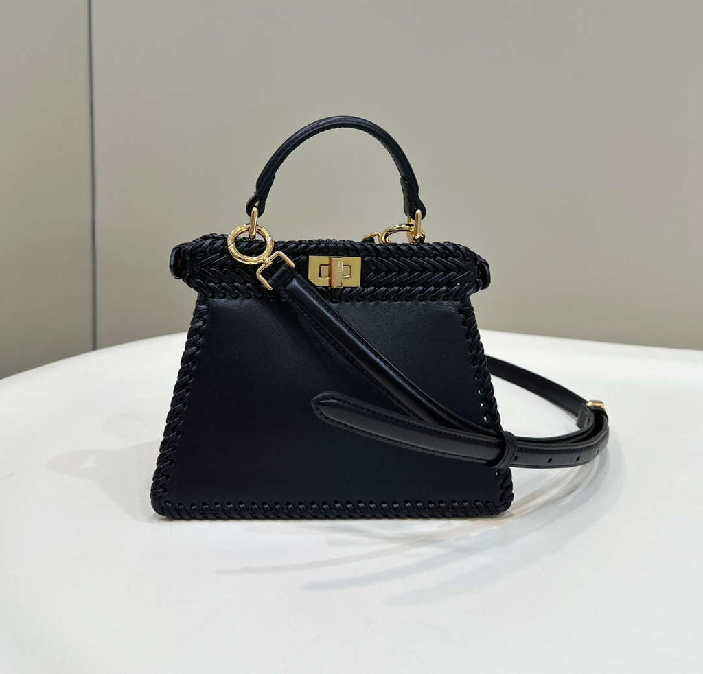 Fendi 8BN335 Peekaboo ISeeU Petite Black interlace leather bag 80138S