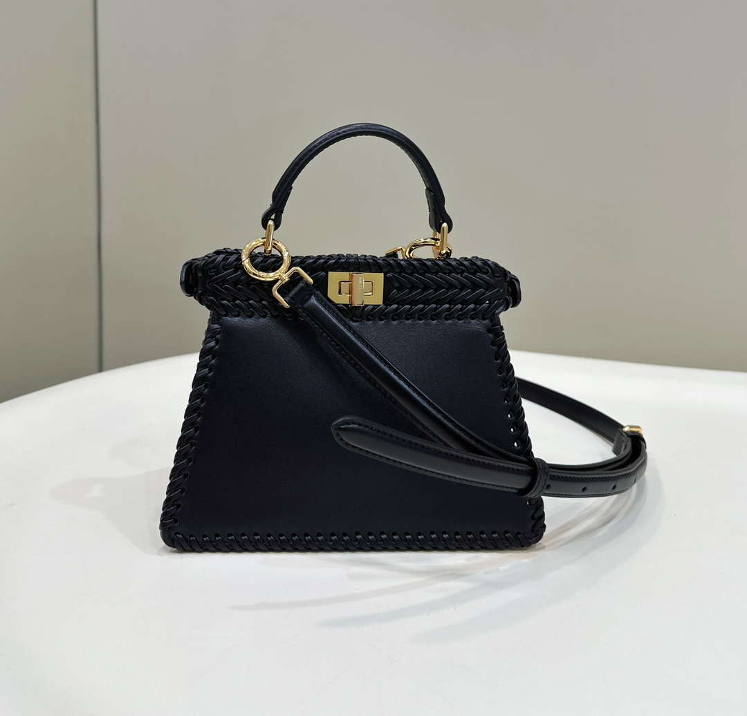 Fendi 8BN335 Peekaboo ISeeU Petite Black interlace leather bag 80138S