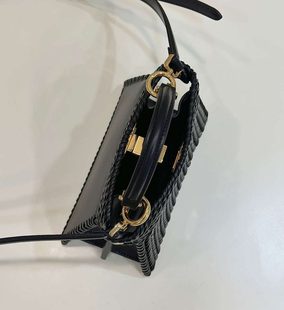 Fendi 8BN335 Peekaboo ISeeU Petite Black interlace leather bag 80138S