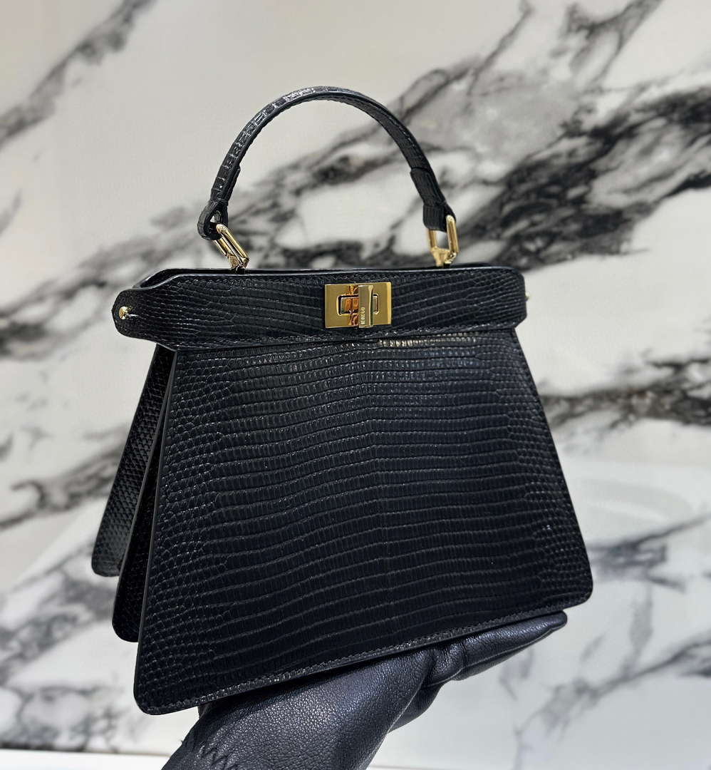 Fendi 8BN335 Peekaboo ISeeU Petite Black Lizard Skin Leather Bag 66802